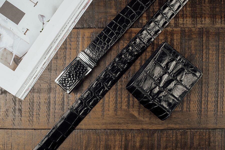 DÂY LƯNG DA CÁ SẤU XỊN MÀU ĐEN GAI LƯNG